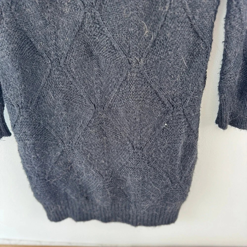 Black Alpaca Blend‎ Diamond Knit Full Zip Long Cardigan Sweater Soft S